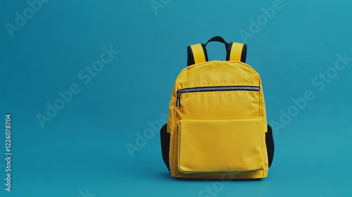 A bright blue backdrop frames an upright yellow backpack chock-full of colorful school supplies, including notebooks, pencils, and scissors, giving it a playful and organized look photo