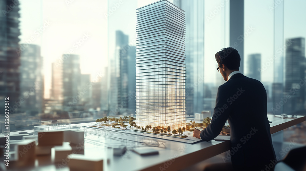 Photo of an architect sketching a skyscraper's floor plan, designing detailed blueprints and working with architectural models in a modern office environment. Photo of an architect sketching a skyscraper's floor plan, designing detailed blueprints and working with architectural models in a modern office environment.