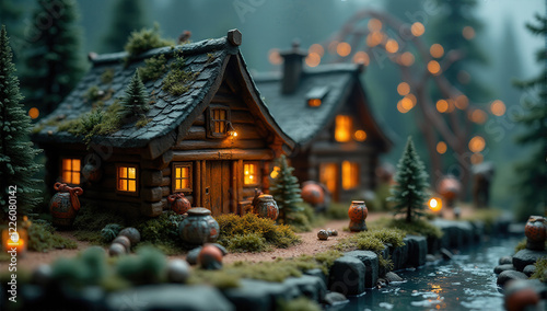 Whimsical Miniature Village With Cozy Cabins And Magical Glow
