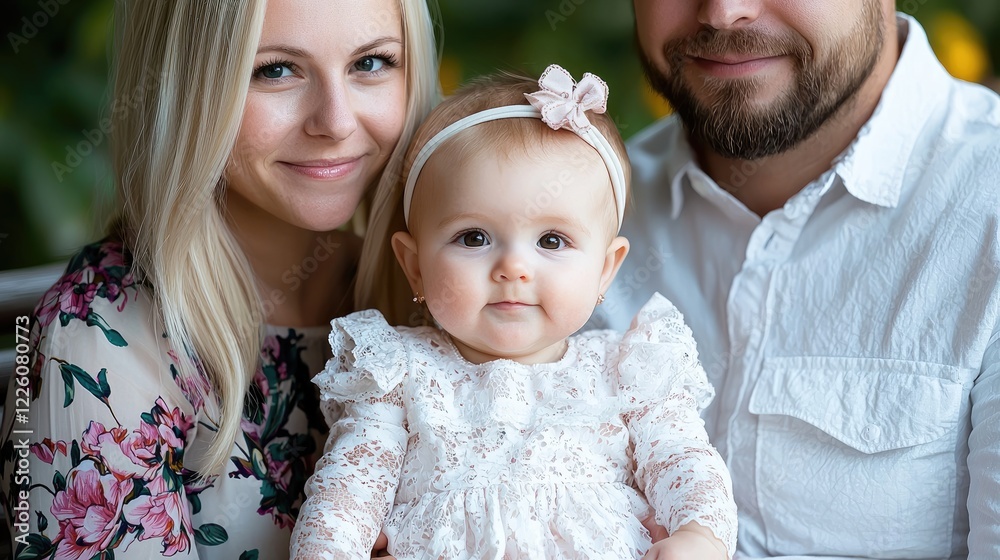 Obraz premium Happy family portrait parents and baby girl outdoors. Use family, website, card