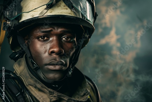 Portrait of a young African American male firefighter in station