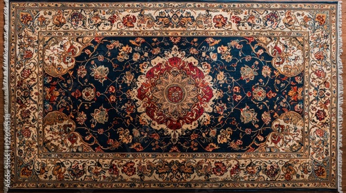 Intricate Floral Rug with Navy Blue Center and Cream Border