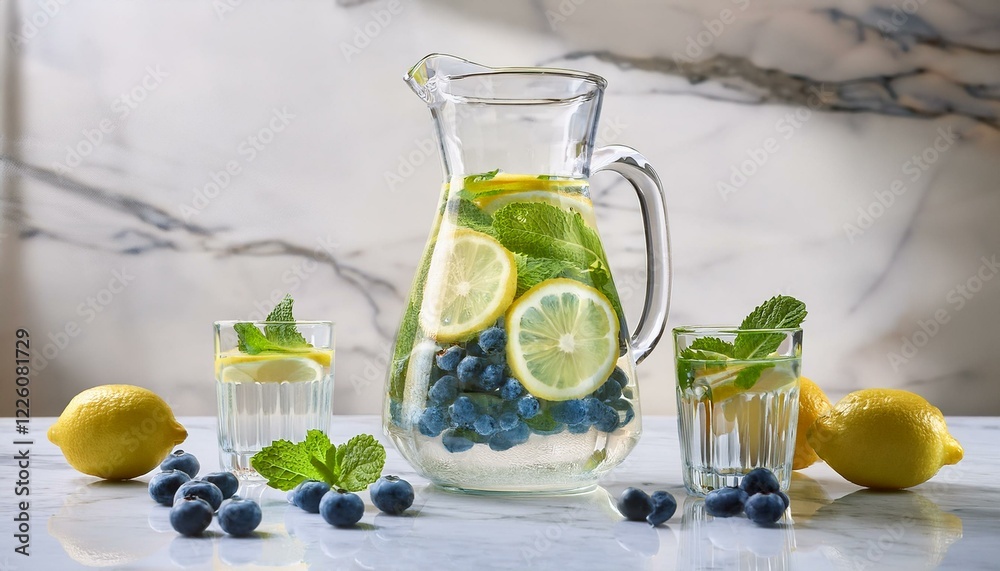 A clear carafe filled with detox water featuring lemon slices, lime, mint, and blueberries A clear carafe filled with detox water featuring lemon slices, lime, mint, and blueberries