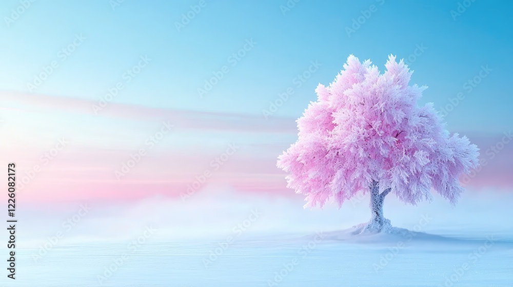 Fototapeta premium Pink cherry blossom tree stands isolated in a snowy minimalist landscape under a soft pastel sky.
