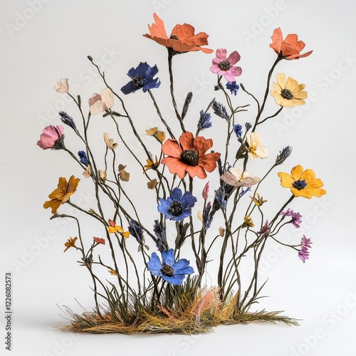 An intricate paper-crafted sculpture of wildflowers, arranged in an organic style, displaying an array of colors and details, representing creativity and artistry. photo