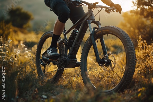 Cyclist speeding through a sunlit meadow with golden light and long shadows in a dynamic motion shot. AI generated