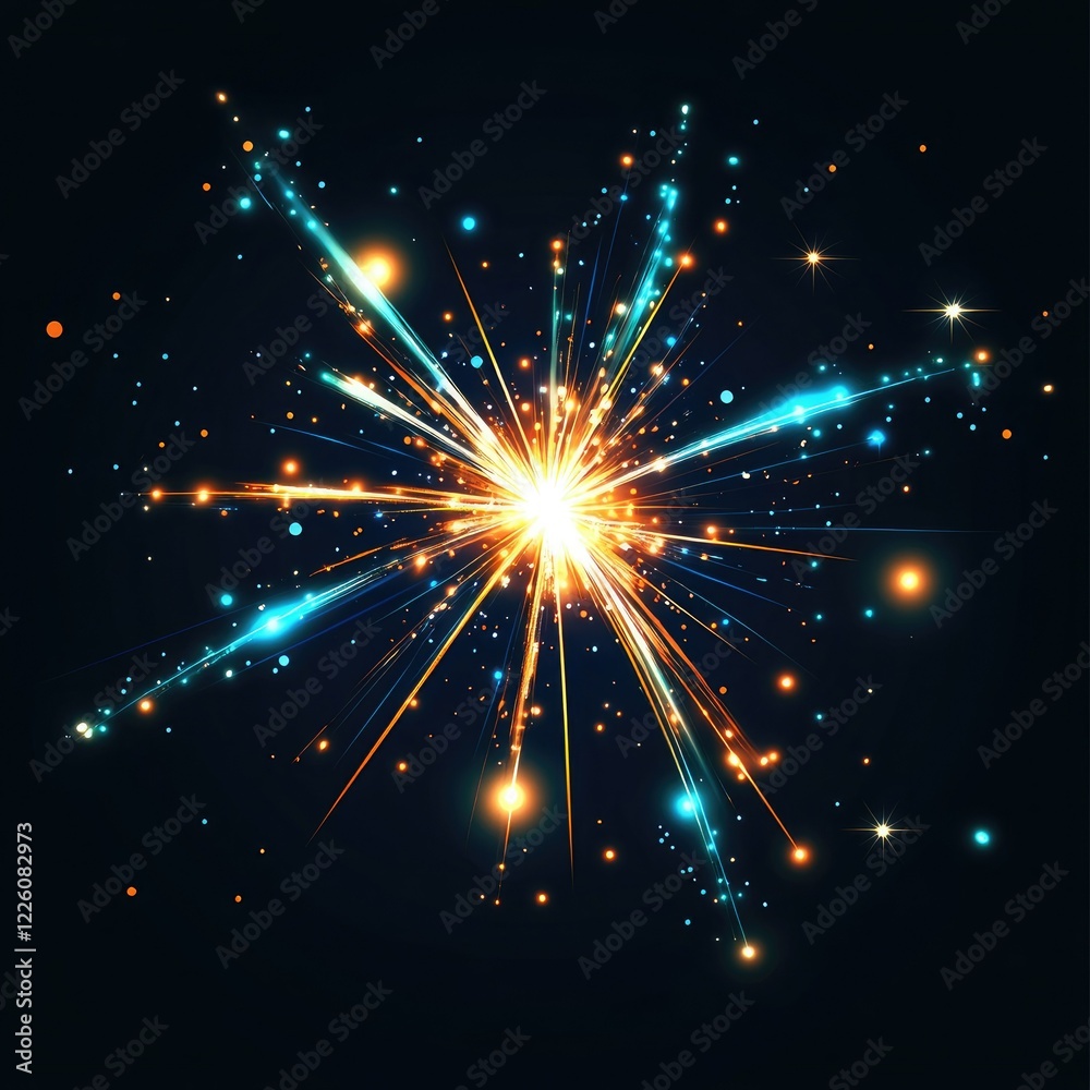 Fototapeta premium Bright burst of light, glowing sparkles and streaks on dark background.