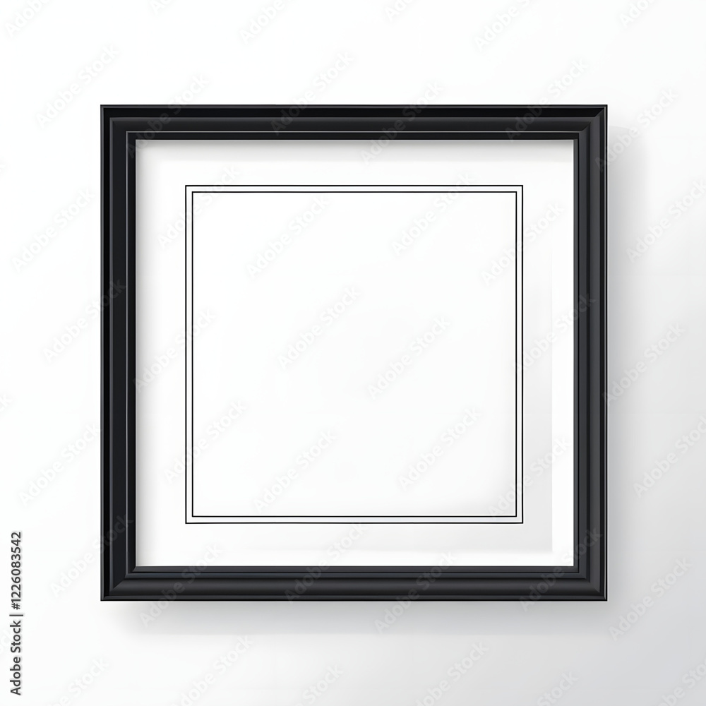 A square frame with a white mat and black frame hangs on a white wall. This minimalist image is perfect for mockups, design templates, and interior design projects. A square frame with a white mat and black frame hangs on a white wall. This minimalist image is perfect for mockups, design templates, and interior design projects.