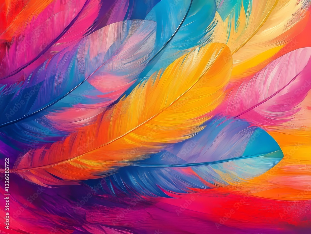 Obraz premium The image features brightly colored feathers interweaving in a harmonious dance of color, creating a visually captivating and vibrant arrangement that suggests freedom and creativity.