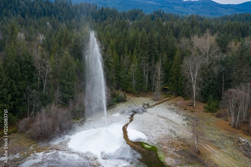 Frozen ground spring erupts in the forest. Powerful geyser shoots water high into the air. , Clearwater, British Columbia, Canada photo