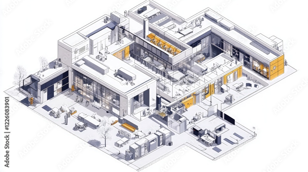 Innovative Modern Office Building Architectural Isometric Design Illustration. Innovative Modern Office Building Architectural Isometric Design Illustration.