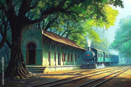 The charm of an old railway station surrounded by greenery in the heart of the Indian countryside. photo