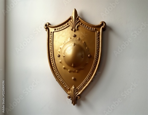 Golden shield decorates white wall. Ornate design enhances regal emblem. Decorative details surround central gold shield. Classic heraldic style. Excellent design for regal decor history theme. photo