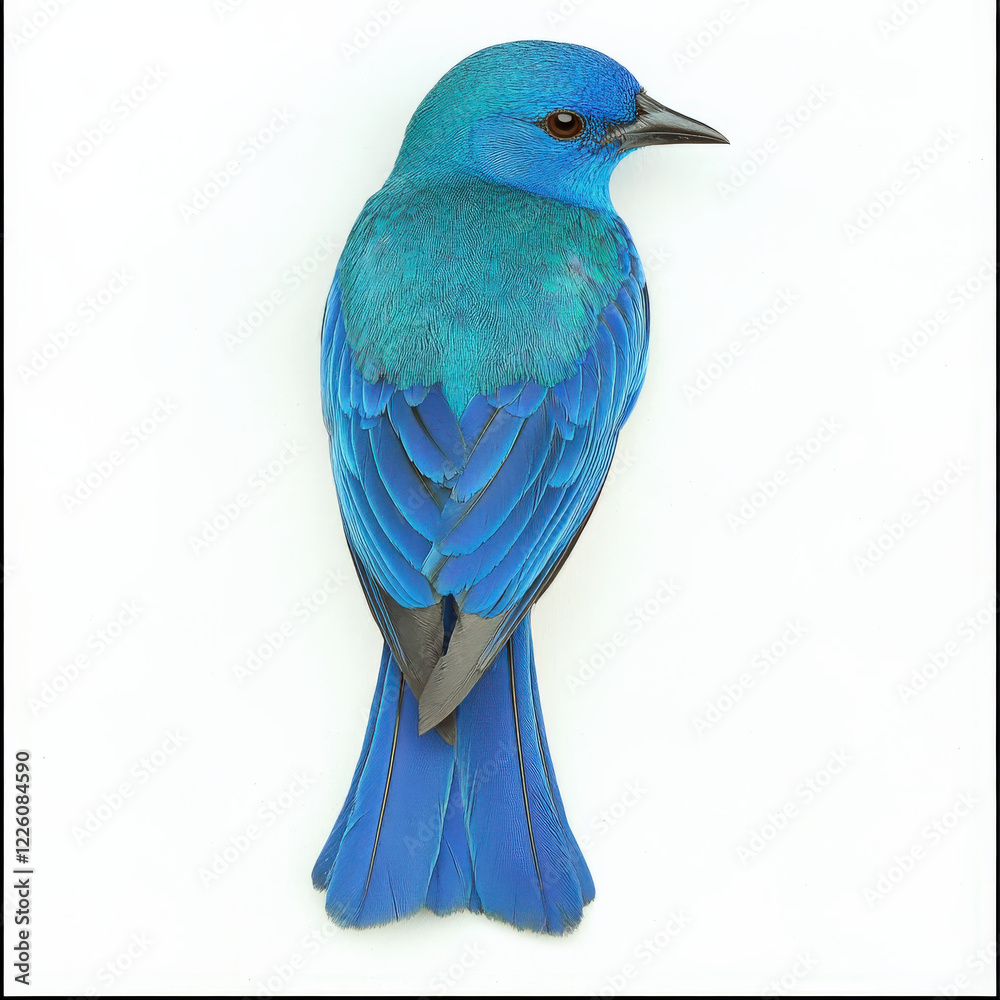 Azure bird, dorsal view, vibrant blue plumage, isolated white background. Azure bird, dorsal view, vibrant blue plumage, isolated white background.