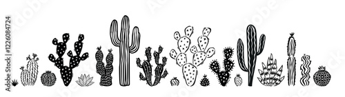 Hand drawn cactus and succulents doodle set. Collection of cute cactus sketches. Vector illustration, vintage style..eps