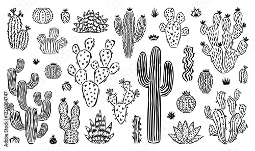 Hand drawn cactus doodle set. Collection of cute cartoon cactus houseplant illustrations in black and white vintage style. Isolated nature desert flora element.eps