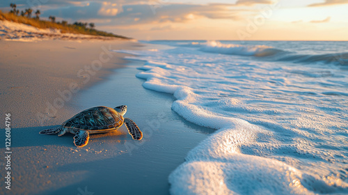A sea turtle crawls along peaceful Gulf coastline, leaving tracks in undisturbed sand as waves gently lap at shore