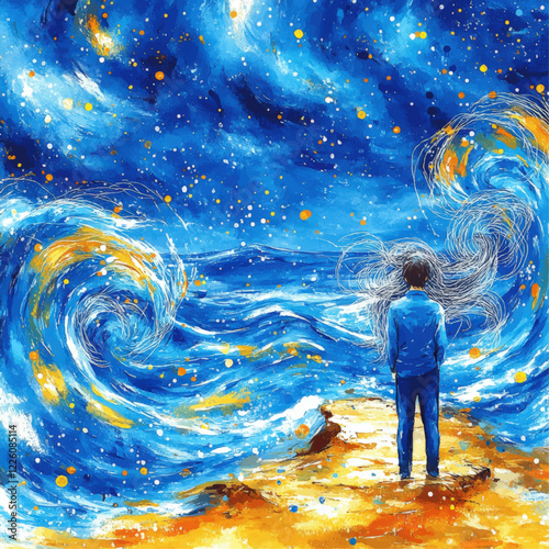 Captivating Abstract Art: A Boy Gazing at Cosmic Waves Under a Starry Night Sky, Vibrant Blue Oceans and Swirling Galaxy-Inspired Elements in Vivid Vector Illustration