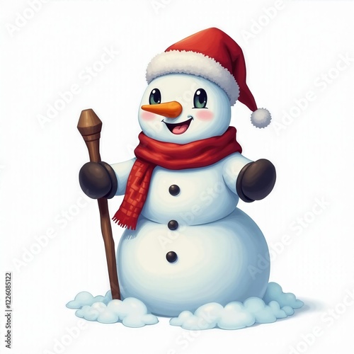 Cute Cartoon Snowman With Red Scarf And Christmas Hat Smiling Cheerfully
