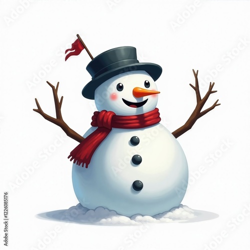 Happy Cartoon Snowman Waving With Christmas Hat And Scarf
