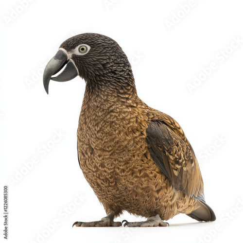 Brown parrot, dark head, hooked beak, isolated.