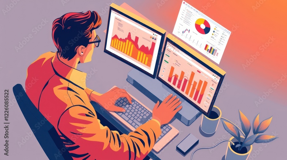 Obraz premium Close-up of person working with multiple screens displaying financial data