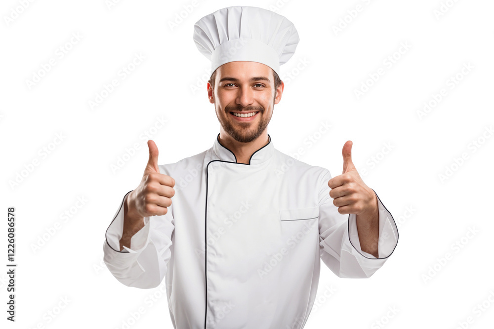 Portrait of a smiling chef showing thumbs up and ok sign, isolated on transparent background Portrait of a smiling chef showing thumbs up and ok sign, isolated on transparent background