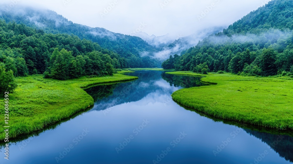 Serene mountain lake reflecting misty hills, ideal for travel brochures Serene mountain lake reflecting misty hills, ideal for travel brochures