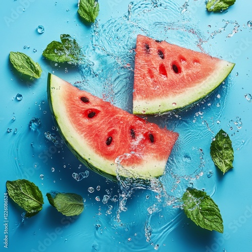 The refreshing visual features juicy watermelon slices and sprigs of mint with water droplets splashed on a vibrant blue background, evoking summer freshness. photo