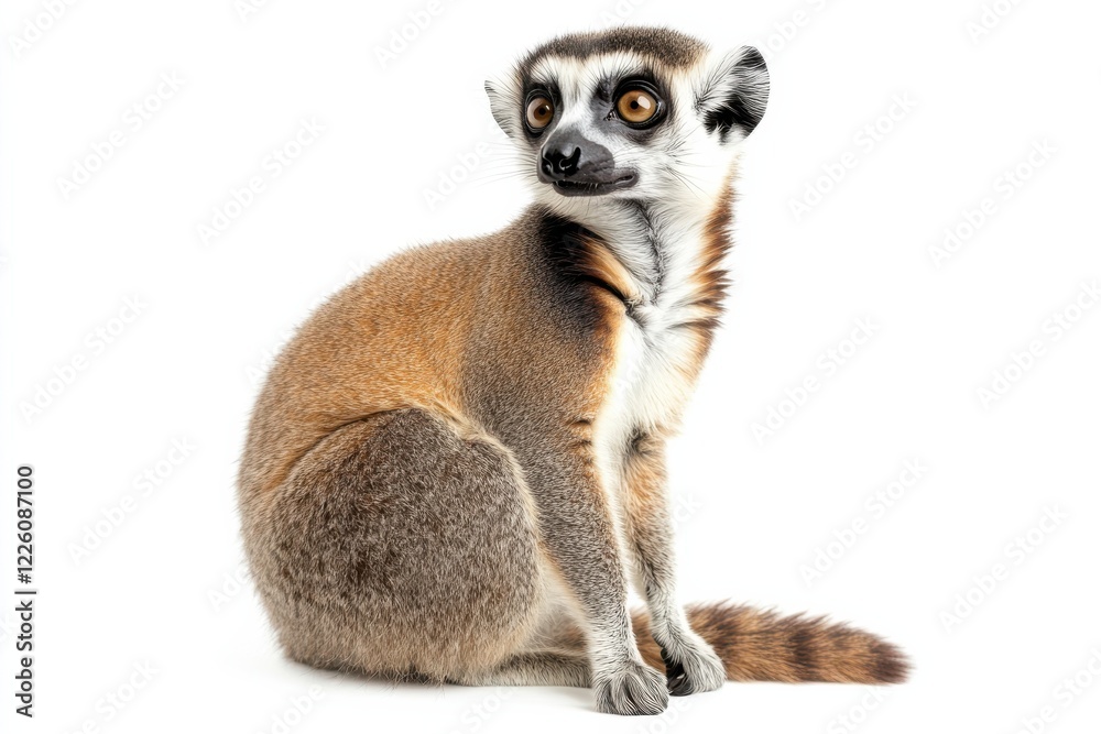 Obraz premium Ring-tailed lemur sitting on white background.