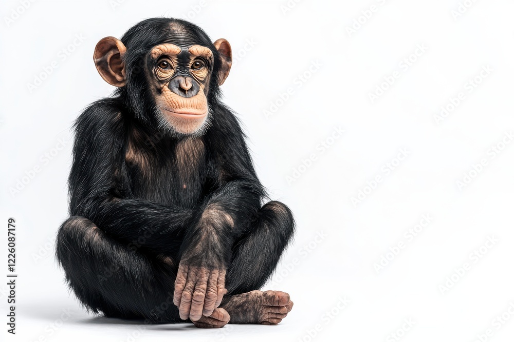 Fototapeta premium Young chimpanzee sitting, serene pose.