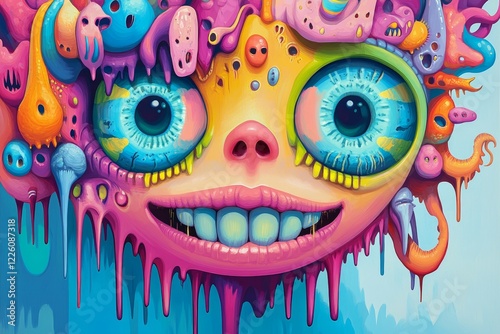 This surreal artwork features a face with large, exaggerated eyes and colorful, dripping elements, creating a vivid and imaginative representation of fantasy art. photo