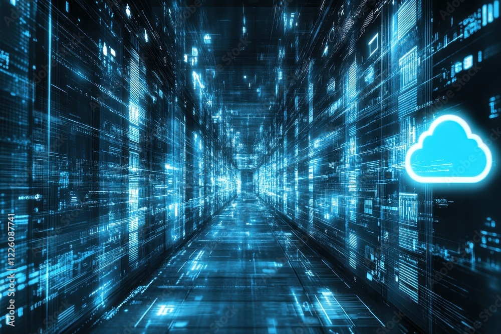 Futuristic Digital Corridor with Abstract Data Streams and Cloud Symbol in Cyber Space Futuristic Digital Corridor with Abstract Data Streams and Cloud Symbol in Cyber Space