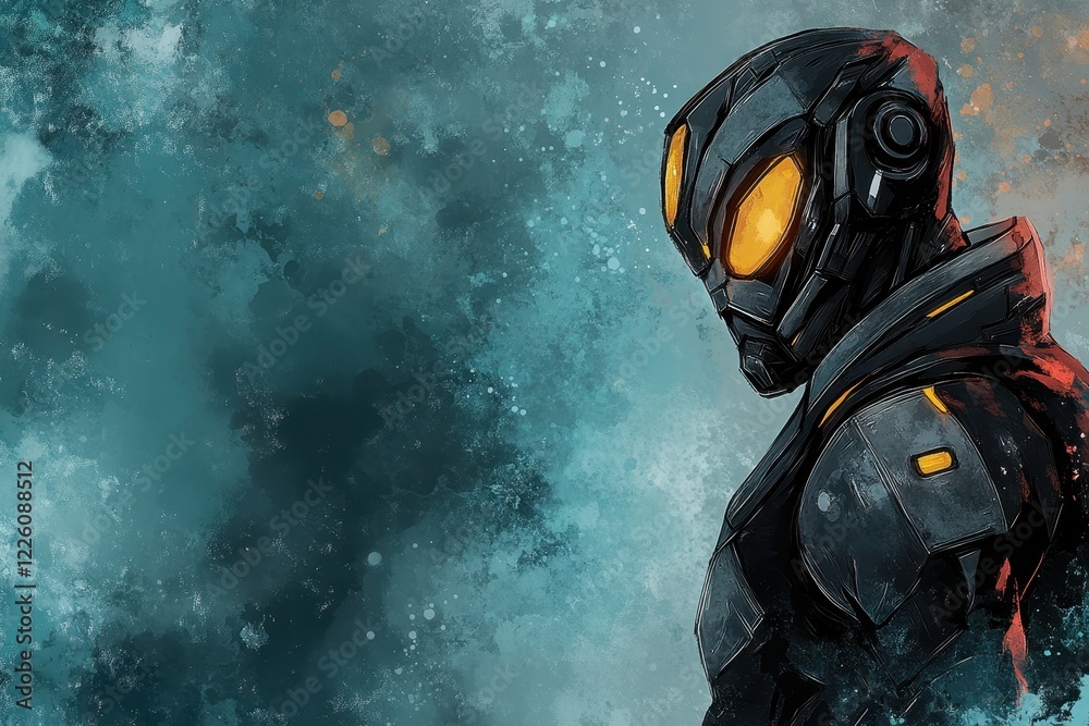 Obraz premium Futuristic Robot Character with Glowing Eyes in Abstract Background of Blue and Orange Tones