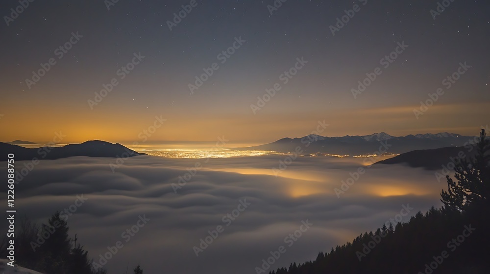 Nightfall over the Mountains: A City Lightscape Hidden in Clouds Nightfall over the Mountains: A City Lightscape Hidden in Clouds