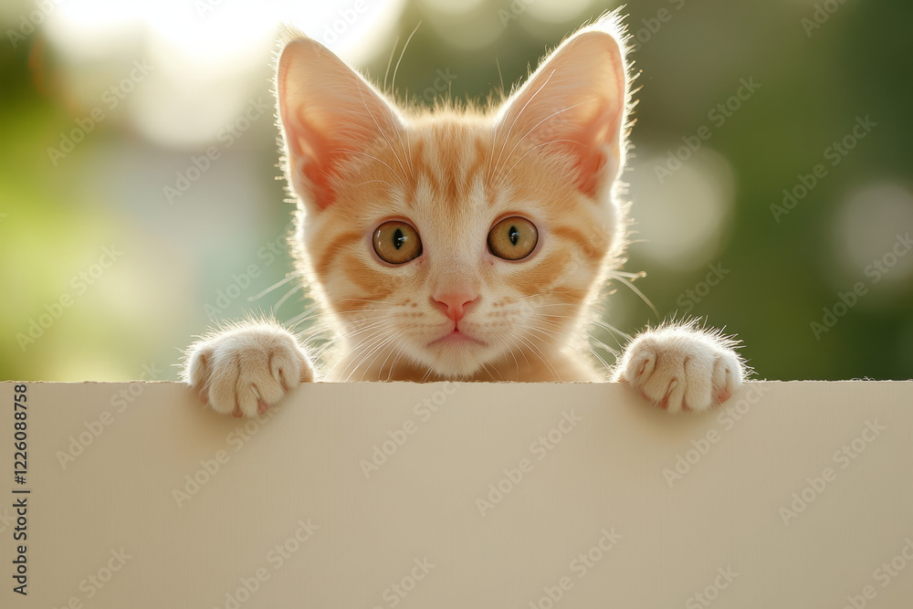 Cute kitten with fluffy fur and curious eyes peeking over a blank white board, set against a vibrant green outdoor background, perfect for playful designs and animal-themed marketing materials. Cute kitten with fluffy fur and curious eyes peeking over a blank white board, set against a vibrant green outdoor background, perfect for playful designs and animal-themed marketing materials.