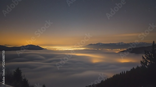 Nightfall over the Mountains: A City Lightscape Hidden in Clouds
