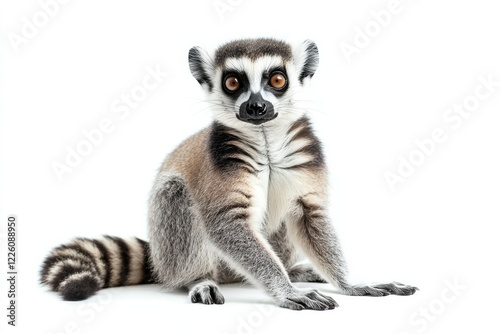 Adorable ring-tailed lemur sitting on white background.