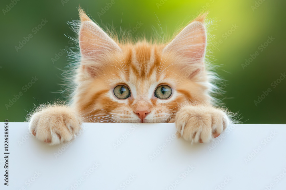 Cute kitten with fluffy fur and curious eyes peeking over a blank white board, set against a vibrant green outdoor background, perfect for playful designs and animal-themed marketing materials. Cute kitten with fluffy fur and curious eyes peeking over a blank white board, set against a vibrant green outdoor background, perfect for playful designs and animal-themed marketing materials.