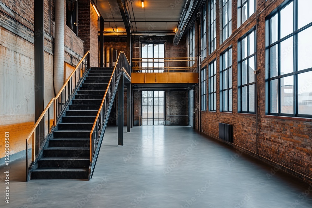 A spacious Industrial interior design style featuring a staircase, large windows, and exposed brick walls. The design combines modern elements with a rustic feel. A spacious Industrial interior design style featuring a staircase, large windows, and exposed brick walls. The design combines modern elements with a rustic feel.