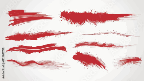 Straight red ink vector lines pack. Bloody color long and round hand-drawn brushstroke text highlights, frames, circles. Asian calligraphy brushstroke set. Rough grunge abstract blood color scribbles