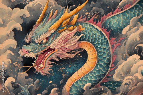 A majestic dragon with golden horns emerges from swirling clouds, displaying intricate scales and fiery details, embodying power and mysticism in enchanting colors. photo