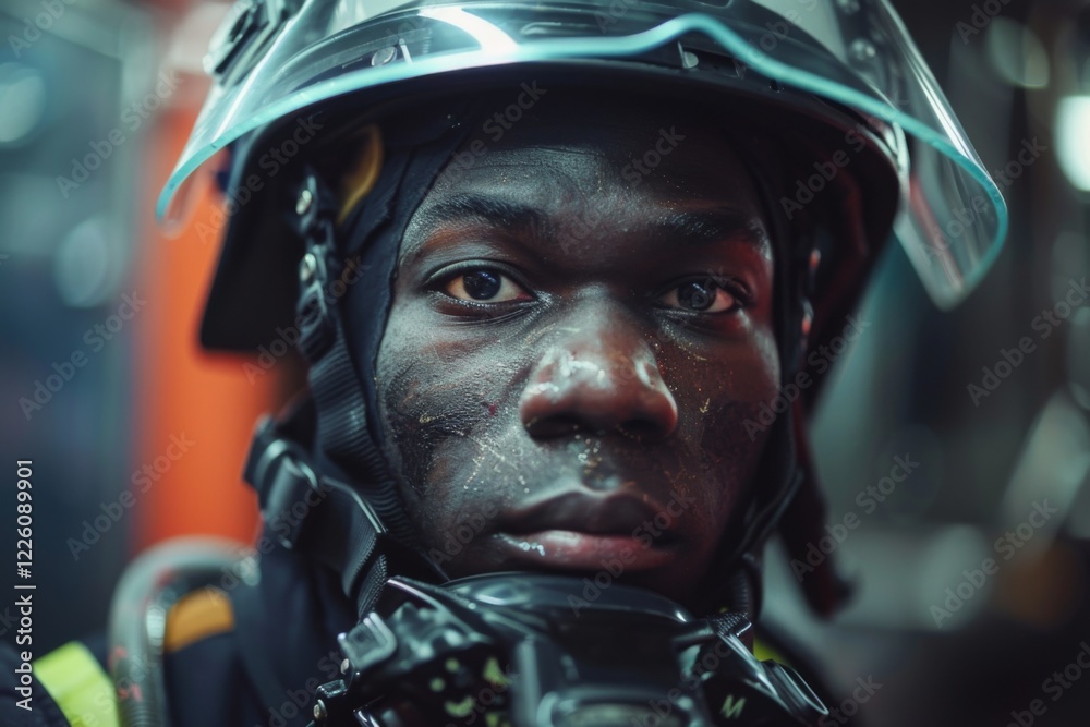 Portrait of a young African American male firefighter in station Portrait of a young African American male firefighter in station