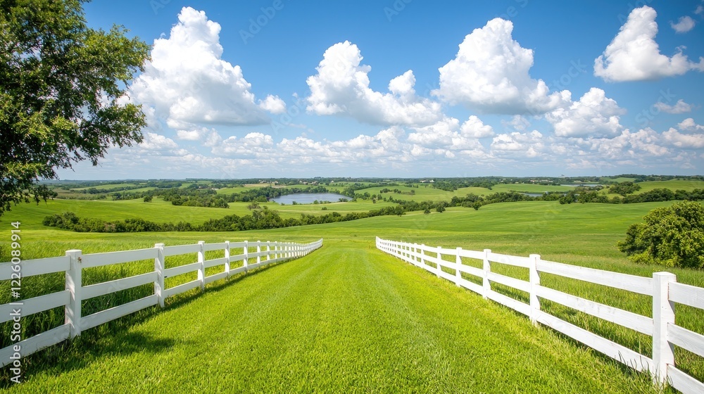 Scenic rural landscape, grassy path, white fence, lake view, summer day; idyllic farm scene, postcard use Scenic rural landscape, grassy path, white fence, lake view, summer day; idyllic farm scene, postcard use