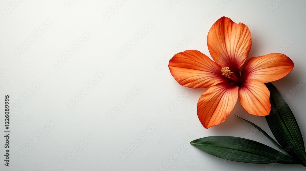 Obraz premium Orange Hibiscus Flower with Green Leaves on White Background