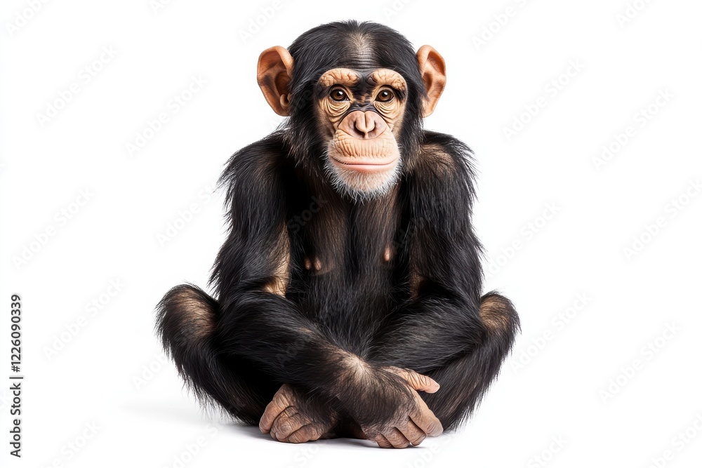 Young chimpanzee sitting, calm expression. Young chimpanzee sitting, calm expression.