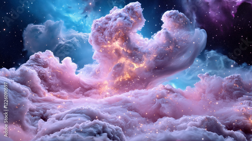 A mesmerizing deep-space nebula with glowing clouds of gas and dust, illuminated in shades of blue, purple, and pink.