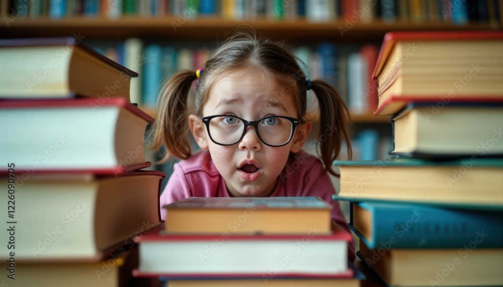 Young girl with pigtails, eyeglasses looks curious surrounded by many books in library. Child eager to learn. Books stacked high. Library environment calm. Focus on child, books. Girl adorable. Young girl with pigtails, eyeglasses looks curious surrounded by many books in library. Child eager to learn. Books stacked high. Library environment calm. Focus on child, books. Girl adorable.
