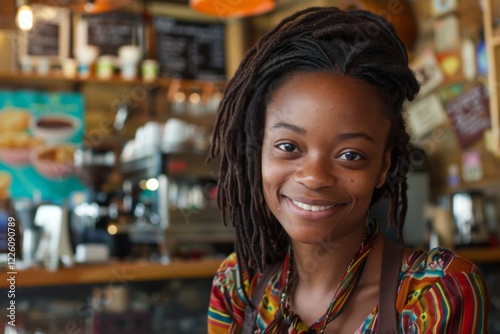 Portrait of a smiling young African American woman in a cafe