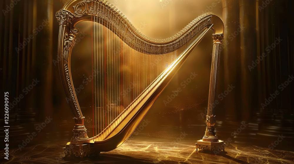 Obraz premium stunning golden harp illuminated by soft light, showcasing intricate details and elegant design, creating magical atmosphere